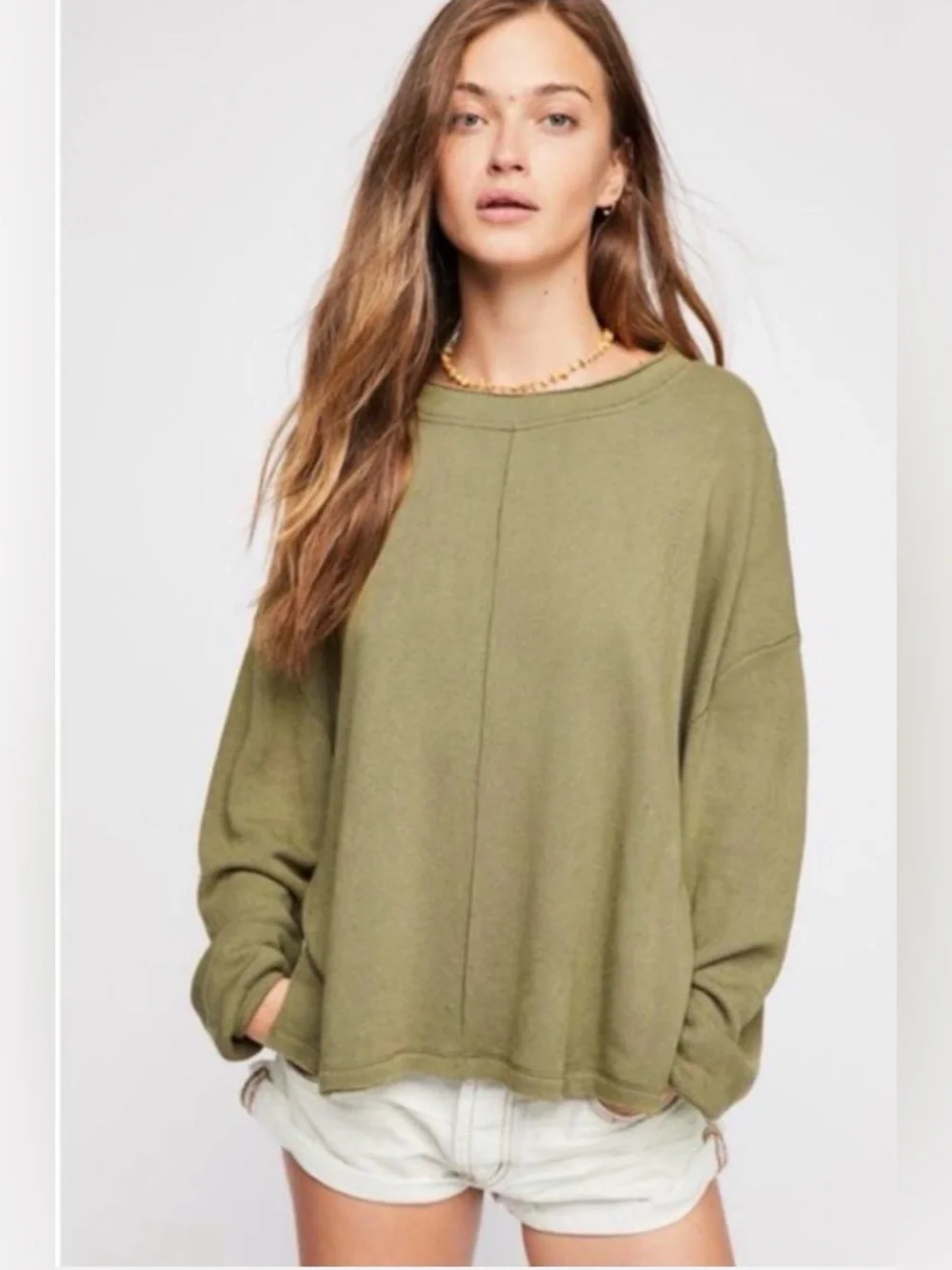 Free People Be Good Terry Dolman Sleeve Pullover Reed Green Sz XX-Small